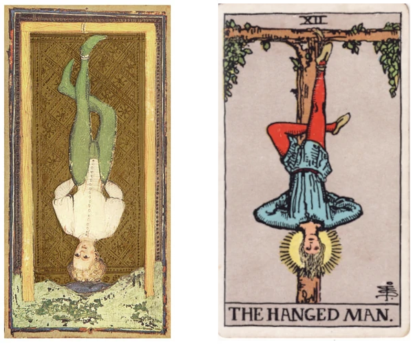 Side-by-side comparison of two tarot cards: on the left, a 15th-century painted card depicting a man in fine Renaissance clothing hanging by one ankle from a wooden gallows; on the right, a modern tarot card showing a similar figure with a glowing yellow halo around his head.