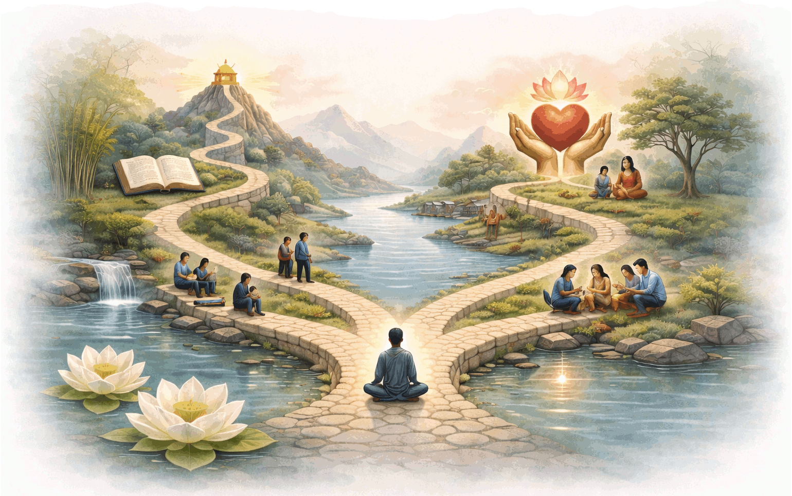 Meditator sitting at entrance to paths of wisdom and compassion