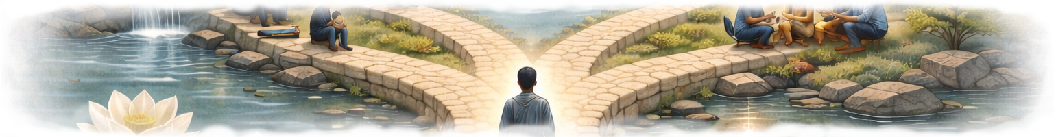 Meditator sitting at entrance to paths of wisdom and compassion