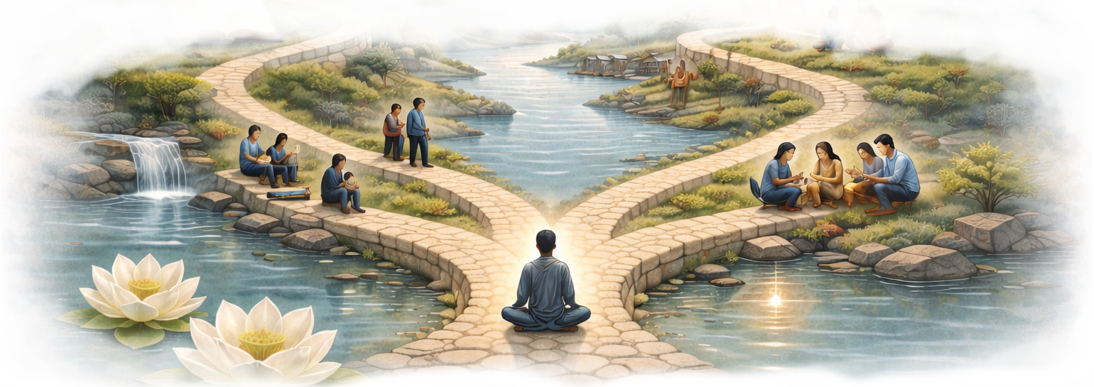 Meditator sitting at entrance to paths of wisdom and compassion