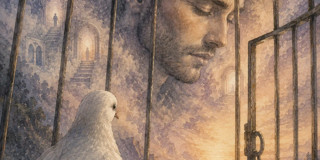A dove looks out from a cage, outside of which are staircases and the profile of a man's face.