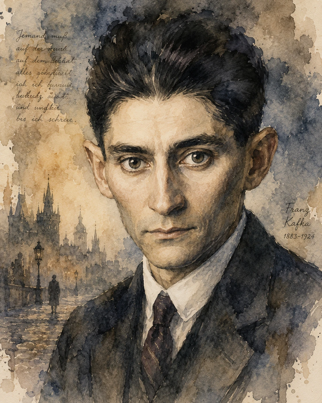 A small watercolor portrait of Franz Kafka.