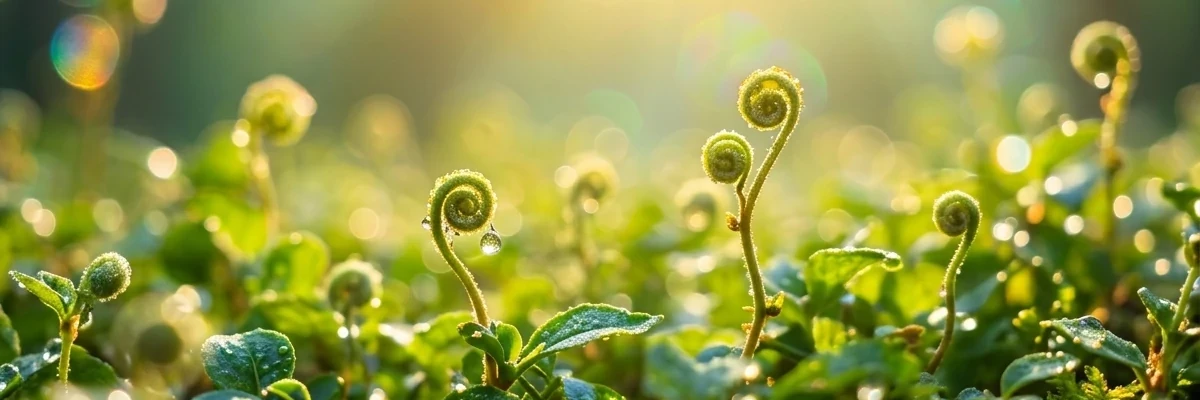 A close-up photograph of tightly coiled green fiddlehead fern fronds emerging from a soft, mossy forest floor in warm sunlight.